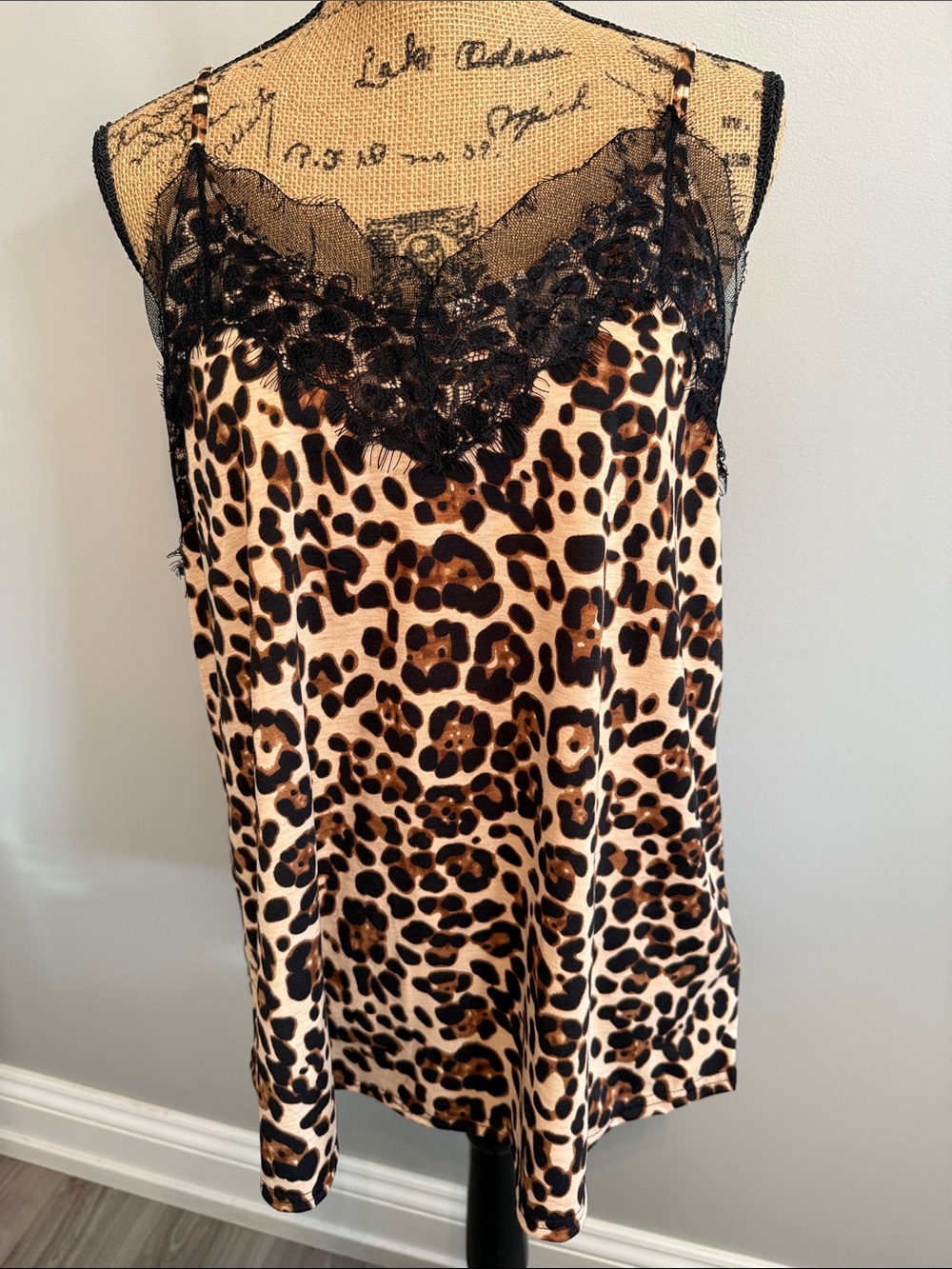 NEW Leopard Print Lace Trim Camisole - Black Brown Beige Adjustable, Size Large